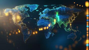 Digital world map with glowing connections and data points displayed against a dark background photo