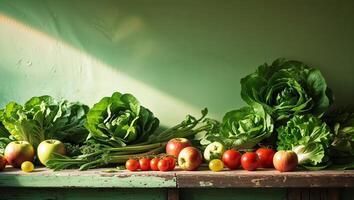Fresh vegetables and fruits arranged on a rustic wooden table in natural light showcase vibrant colors and healthy options photo