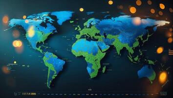 World map depicting geographic features and data visualizations at nighttime with bright visual accents photo
