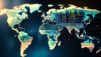 Digital world map displaying global finance data with statistics and market information at night photo