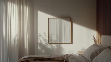 Sunlight casts gentle shadows in a serene bedroom with minimalist decor and soft bedding photo