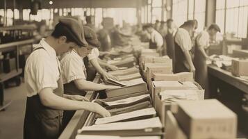 Workers processing documents in a historic factory setting during the early 20th century photo