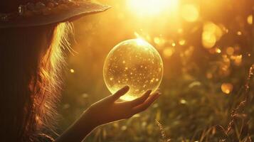 Holding a crystal ball during sunset in a field, capturing a moment of magic and tranquility photo
