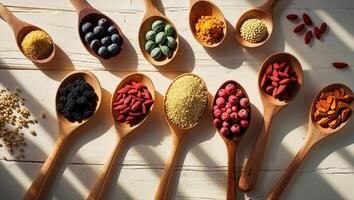 Colorful assortment of spices and superfoods arranged in wooden spoons on a rustic table during natural light photo