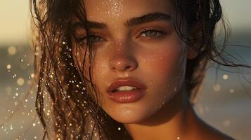 Portrait of a woman with wet hair illuminated by sunset, capturing a serene expression against a blurred background photo