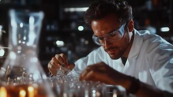 Scientist conducts experiments in laboratory during evening hours, focusing on chemical reactions and precise measurements photo