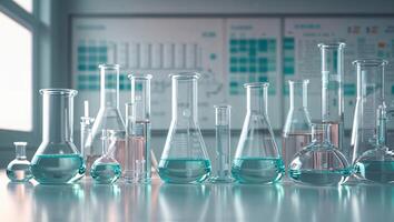 Collection of laboratory glassware filled with colorful liquids on a clean surface in a science lab environment photo