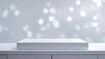 Display stand with soft bokeh background in a well-lit modern setting photo