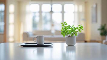Bright and minimalistic living room with a coffee cup and a small green plant on a white table during morning light photo