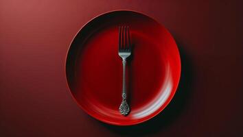 Red plate with a vintage fork placed centrally against a dark backdrop exemplifies minimalistic dining aesthetics photo