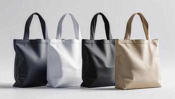 Stylish and versatile tote bags in four colors displayed on a clean, minimalist background for modern fashion enthusiasts photo