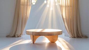 Soft sunlight filters through curtains, illuminating a wooden table in a serene, minimalist room setting photo