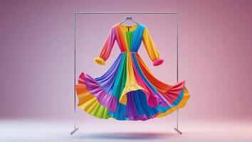 Colorful multicolored dress displayed on a modern hanger in a vibrant setting photo