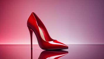 Elegant red high heel shoe displayed on a reflective surface against a gradient background in a stylized setting photo