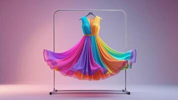 Vibrant multicolored dress hanging on a display rack with a gradient background highlighting its design photo