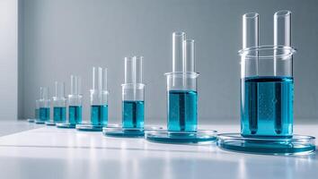 Laboratory experiment with blue liquid in glass beakers arranged in a sequence photo