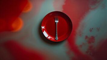 Simple red plate with a silver fork set against a vibrant background, highlighting minimalistic dining choice photo