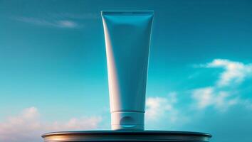 White tube standing upright on a can under a clear blue sky with soft clouds in the background during the afternoon photo