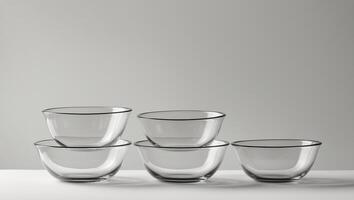 Stacked glass bowls on a plain background demonstrating modern kitchenware elegance and simplicity photo