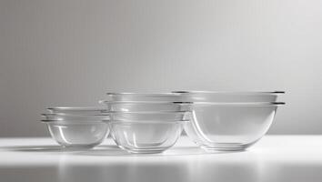 Various sizes of clear glass mixing bowls arranged on a light surface for kitchen use and cooking preparation photo