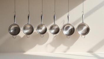 Strainers hanging in natural light create a harmonious kitchen display in a modern home setting photo