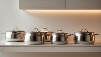 Cookware lined up on a countertop in a modern kitchen with warm lighting during the day photo