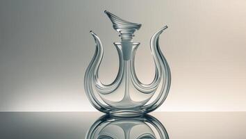 Elegant glass decanter with a unique design displayed on a reflective surface photo