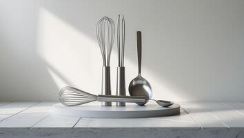 Kitchen utensils arranged on a pedestal in soft natural light, showcasing modern design and functionality photo