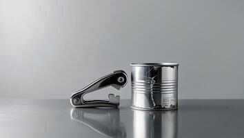 Open can and can opener on a sleek kitchen countertop in minimalistic design photo