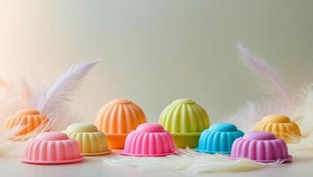 Colorful silicone baking molds arranged with soft feathers create a playful kitchen atmosphere photo