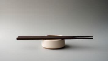 Elegant presentation of chopsticks resting on a minimalist bowl in soft lighting creates a serene dining atmosphere photo