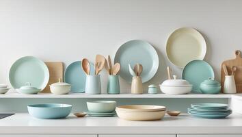 Colorful kitchenware displayed on a minimalist shelf with ceramic and wooden utensils in a modern setting photo
