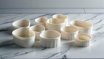 Different sizes of heart-shaped baking molds arranged on a marble countertop photo