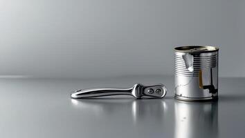 Metal can with an opened lid and a can opener resting on a reflective surface in a minimalistic setting photo
