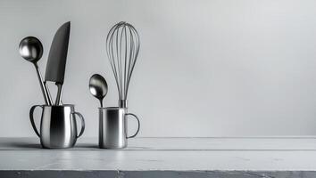Kitchen utensils arranged on a minimalist countertop in a modern setting photo
