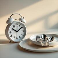 White clock and elegant table setting create a serene breakfast atmosphere in soft morning light photo