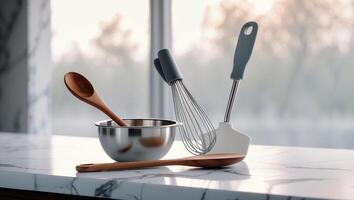 Cooking utensils arranged on a marble countertop with natural light streaming through a window photo