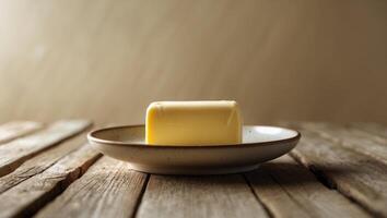 Freshly churned butter resting on a rustic plate against a wooden backdrop photo