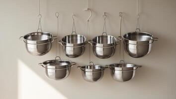 Stylish kitchen display with various stainless steel colanders hanging on a wall in a modern setting photo