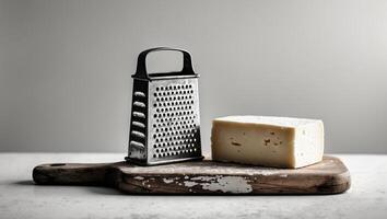 Grater and cheese block on a rustic wooden board in a kitchen setting photo