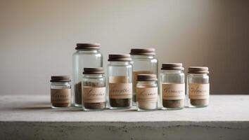 Display of labeled glass jars containing various spices on a simple countertop in natural light photo