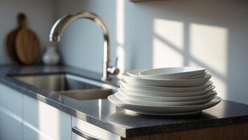 Stacked white plates on a modern kitchen countertop with sunlight streaming through a window in the afternoon photo