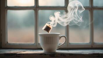 Steam rises from a cup of coffee as a sugar cube dissolves near a rustic window during morning light photo
