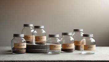Collection of labeled glass jars filled with spices arranged on a stone surface in natural light photo