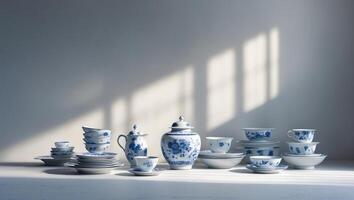 Elegant porcelain tea set displayed on a minimalist table in soft natural light photo
