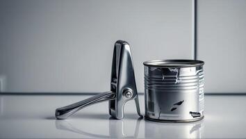 Can opener and opened can on a kitchen countertop under soft lighting photo