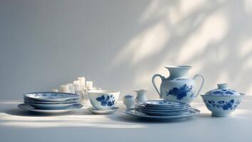 Elegant china set displayed on a light surface with gentle shadows in a minimalistic setting photo