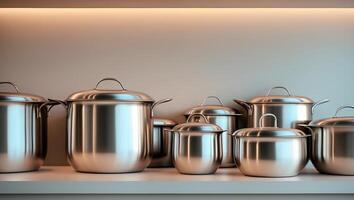Modern kitchen storage featuring a variety of sleek stainless steel cookware arranged on a minimalist shelf photo