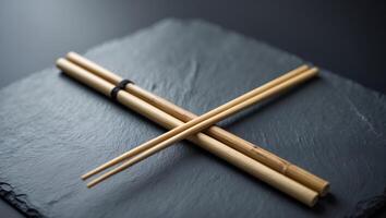 Elegant bamboo chopsticks placed on a dark slate surface for traditional dining experiences photo