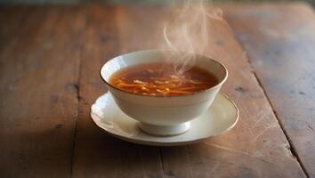 Hot steaming soup served in a white bowl on a rustic wooden table in natural light during the afternoon photo